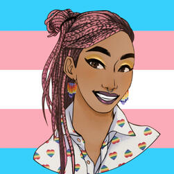Art of Bee with pink hair and a trans flag background.